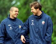 31 May 2001; Stephen Carr, left, and Kenny Cunnigham during a Republic of Ireland Training Session at John Hyland Park in Baldonnell, Dublin. Photo by Damien Eagers/Sportsfile