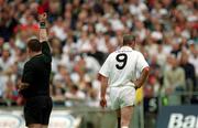 3 June 2001; Willie McCreery of Kildare leaves the pitch after receiving a red card from referee Michael Convery during the Bank of Ireland Leinster Senior Football Championship Quarter-Final match between Kildare and Carlow at Croke Park in Dublin. Photo by Pat Murphy/Sportsfile