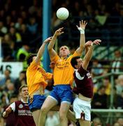 3 June 2001; Seamus O'Neill, centre, and Conor Connelly of Roscommon compete for a high ball against Sean O'Domhnaill of Galway during the Bank of Ireland Connacht Senior Football Championship Semi-Final match between Galway and Roscommon at Tuam Stadium in Tuam, Galway. Photo by Damien Eagers/Sportsfile