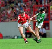 27 May 2001; James Butler of Limerick in action against John Browne of Cork during the Guinness Munster Senior Hurling Championship Quarter-Final match between Cork and Limerick at Páirc Uí Chaoimh in Cork. Photo by Ray McManus/Sportsfile