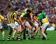 10 June 2001; Offaly players, from left, Brian Whelahan, Kevin Kinahan and Hubert Rigney, 4, contest a loose ball with Kilkenny players, from left, John Power, 11, Henry Shefflin, 15, and Denis Byrne during the Guinness Leinster Senior Hurling Championship Semi-Final match between Kilkenny and Offaly at Croke Park in Dublin. Photo by Ray Lohan/Sportsfile