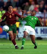 1 June 2001; Clinton Morrison of Republic of Ireland in action against Hugo Miguel Leal of Portugal during the UEFA European Under-21 Championship Qualifier Group 2 match between Republic of Ireland and Portugal at Tolka Park in Dublin. Photo by Damien Eagers/Sportsfile