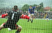 27 May 2001; Peter Reilly of Cavan has a penalty saved by Down goalkeeper Michael McVeigh during the Bank of Ireland Ulster Senior Football Championship Quarter-Final match between Down and Cavan at Casement Park in Belfast. Photo by David Maher/Sportsfile