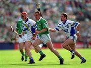 10 June 2001; Ciaran Carey of Limerick in action against Tony Browne, right, and Johnny Brenner of Waterford during the Guinness Munster Senior Hurling Championship Semi-Final match between Limerick and Waterford at Páirc Uí Chaoimh in Cork. Photo by Brendan Moran/Sportsfile