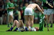 10 June 2001; Fergal Hartley of Waterford is consoled by Limerick captain Barry Foley following the Guinness Munster Senior Hurling Championship Semi-Final match between Limerick and Waterford at Páirc Uí Chaoimh in Cork. Photo by Brendan Moran/Sportsfile