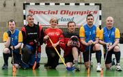 21 April 2016; Cork camogie legend Anna Geary tries her hand at floorball at a Special Olympics Winter Sports event in Dublin. Anna and the Women’s Gaelic Players Association have thrown their support behind Special Olympics on their charity Collecion Day, which is proudly sponsored by eir. Collection Day takes place nationwide on Friday the 22nd of April. 3,000 volunteers, including many WGPA players and eir employees, will be out in force in villages, towns and cities around Ireland trying to help the sports charity raise €650,000 in just 24 hours. Pictured with Anna Geary are Eastern Region Special Olympic Athletes, from left, John O'Reilly, Shay Corcoran, Martin Carolan, Lorcan Byrne and Patrick Monaghan. Kilternan Ski Slope & Loughlinstown Activity Centre, Kilternan, Dublin. Picture credit: Sam Barnes / SPORTSFILE