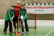 21 April 2016; Cork camogie legend Anna Geary tries her hand at floorball at a Special Olympics Winter Sports event in Dublin. Anna and the Women’s Gaelic Players Association have thrown their support behind Special Olympics on their charity Collecion Day, which is proudly sponsored by eir. Collection Day takes place nationwide on Friday the 22nd of April. 3,000 volunteers, including many WGPA players and eir employees, will be out in force in villages, towns and cities around Ireland trying to help the sports charity raise €650,000 in just 24 hours. Pictured with Anna Geary are Connacht Special Olympic athletes Aine Naughton, left, and Ann Brennan. Kilternan Ski Slope & Loughlinstown Activity Centre, Kilternan, Dublin. Picture credit: Sam Barnes / SPORTSFILE