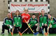 21 April 2016; Cork camogie legend Anna Geary tries her hand at floorball at a Special Olympics Winter Sports event in Dublin. Anna and the Women’s Gaelic Players Association have thrown their support behind Special Olympics on their charity Collecion Day, which is proudly sponsored by eir. Collection Day takes place nationwide on Friday the 22nd of April. 3,000 volunteers, including many WGPA players and eir employees, will be out in force in villages, towns and cities around Ireland trying to help the sports charity raise €650,000 in just 24 hours. Pictured with Anna Geary are Connacht Special Olympic athletes, from left, Finbar Conway, Ann Brennan, Aine Naughton, John Paul Shaw and Aideen Harkins. Kilternan Ski Slope & Loughlinstown Activity Centre, Kilternan, Dublin. Picture credit: Sam Barnes / SPORTSFILE