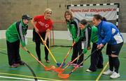 21 April 2016; Cork camogie legend Anna Geary tries her hand at floorball at a Special Olympics Winter Sports event in Dublin. Anna and the Women’s Gaelic Players Association have thrown their support behind Special Olympics on their charity Collecion Day, which is proudly sponsored by eir. Collection Day takes place nationwide on Friday the 22nd of April. 3,000 volunteers, including many WGPA players and eir employees, will be out in force in villages, towns and cities around Ireland trying to help the sports charity raise €650,000 in just 24 hours. Pictured with Anna Geary are Connacht Special Olympic athletes, from left, Aine Naughton, Ann Brennan, Aideen Harkins and Laura Byrne of Eastern Region. Kilternan Ski Slope & Loughlinstown Activity Centre, Kilternan, Dublin. Picture credit: Sam Barnes / SPORTSFILE