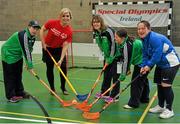 21 April 2016; Cork camogie legend Anna Geary tries her hand at floorball at a Special Olympics Winter Sports event in Dublin. Anna and the Women’s Gaelic Players Association have thrown their support behind Special Olympics on their charity Collecion Day, which is proudly sponsored by eir. Collection Day takes place nationwide on Friday the 22nd of April. 3,000 volunteers, including many WGPA players and eir employees, will be out in force in villages, towns and cities around Ireland trying to help the sports charity raise €650,000 in just 24 hours. Pictured with Anna Geary are Connacht Special Olympic athletes, from left, Aine Naughton, Ann Brennan, Aideen Harkins and Laura Byrne of Eastern Region. Kilternan Ski Slope & Loughlinstown Activity Centre, Kilternan, Dublin. Picture credit: Sam Barnes / SPORTSFILE