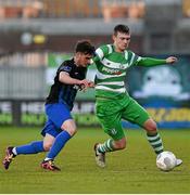 19 April 2016; Sean Heaney, Shamrock Rovers, in action against Conor Barry, Athlone Town. EA Sports Cup Second Round, Pool 4, Shamrock Rovers v Athlone Town. Tallaght Stadium, Tallaght, Co. Dublin. Picture credit: David Fitzgerald / SPORTSFILE