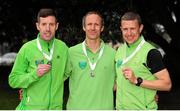 17 April 2016; Second place finishers in the Master Men's relay race, from left, Ronan Kearns, Paul Fleming and Barry Minnock, Rathfarnham W.S.A.F. AC, Dublin. The GloHealth AAI National Road Relays. Raheny, Dublin. Picture credit : Tomás Greally /  SPORTSFILE