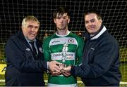 20 April 2016; Steven McGann, Pike Rovers, is presented with his Aviva Man of the Match Award by Noel Fitzroy, left, from the FAI, and Martin McDermott, from Aviva. The Final will take place at the Aviva Stadium on the 14th May. #RoadToAviva. FAI Junior Cup Semi-Final Replay in association with Aviva and Umbro, St. Peters FC v Pike Rovers. Leah Victoria Park, Tullamore, Offaly. Picture credit: Matt Browne / SPORTSFILE