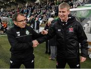 22 April 2016; Shamrock Rovers manager Pat Fenlon shakes hands with Dundalk manager Stephen Kenny ahead of the game. SSE Airtricity League, Premier Division, Shamrock Rovers v Dundalk. Tallaght Stadium, Tallaght, Co. Dublin. Picture credit: David Maher / SPORTSFILE