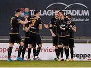 22 April 2016; Ronan Finn, right, Dundalk, celebrates after scoring his side's second goal with teammates. SSE Airtricity League, Premier Division, Shamrock Rovers v Dundalk. Tallaght Stadium, Tallaght, Co. Dublin. Picture credit: David Maher / SPORTSFILE