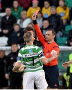 22 April 2016; Referee Neil Doyle shows the red card to Gary McCabe, Shamrock Rovers. SSE Airtricity League, Premier Division, Shamrock Rovers v Dundalk. Tallaght Stadium, Tallaght, Co. Dublin. Picture credit: David Maher / SPORTSFILE