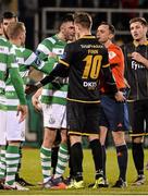 22 April 2016; Killian Brennan, Shamrock Rovers and Ronan Finn, Dundalk, confront each other. SSE Airtricity League, Premier Division, Shamrock Rovers v Dundalk. Tallaght Stadium, Tallaght, Co. Dublin. Picture credit: David Maher / SPORTSFILE