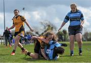 23 April 2016; Clionadh Case, MU Barnhall, scores her sides first try, despite the efforts of Molly Scuffil McCabe, Garda/ Westmanstown. Bank of Ireland Leinster Women's Paul Cusack Plate Final, Garda/Westmanstown v MU Barnhall. Cill Dara RFC, Kildare. Picture credit: Sam Barnes / SPORTSFILE