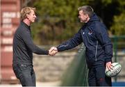 23 April 2016; Clontarf head coach Andy Wood welcomes Leinster head coach Leo Cullen, left, to the match. Ulster Bank League, Division 1A, semi-final, Clontarf v UCD. Castle Avenue, Clontarf, Co. Dublin. Picture credit: Cody Glenn / SPORTSFILE