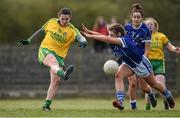 23 April 2016; Geraldine McLaughlin, Donegal, gets a shot in on goal despite the attempted block of Shauna Lynch, Cavan. Lidl Ladies Football National League, Division 2, semi-final, Donegal v Cavan. Beragh, Co. Tyrone.  Picture credit: Oliver McVeigh / SPORTSFILE