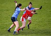 23 April 2016; Vera Foley, Cork, is tackled by Olwen Carey, left, and Niamh Ryan, Dublin. Lidl Ladies Football National League, Division 1, semi-final, Cork v Dublin. St Brendan's Park, Birr, Co. Offaly. Picture credit: Ramsey Cardy / SPORTSFILE