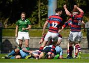 23 April 2016; Clontarf players celebrate the try of Michael Noone. Ulster Bank League, Division 1A, semi-final, Clontarf v UCD. Castle Avenue, Clontarf, Co. Dublin. Picture credit: Cody Glenn / SPORTSFILE