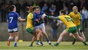 23 April 2016; Rosie Crowe, Cavan, in action against Niamh Hegarty and Geraldine McLaughlin, Donegal. Lidl Ladies Football National League, Division 2, semi-final, Donegal v Cavan. Picture credit: Oliver McVeigh / SPORTSFILE
