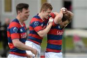23 April 2016; Evan Ryan, right, Clontarf, is congratulated by team-mate Michael Brown after a second half try. Ulster Bank League, Division 1A, semi-final, Clontarf v UCD. Castle Avenue, Clontarf, Co. Dublin. Picture credit: Cody Glenn / SPORTSFILE
