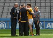 23 April 2016; Antrim captain Kevin Niblock reacts after picking up an injury during the warm-up Allianz Football League, Division 4, Final, Louth v Antrim. Croke Park, Dublin. Picture credit: Piaras Ó Mídheach / SPORTSFILE