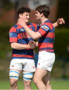 23 April 2016; Clontarf team-mates Neill Reilly, left, and Conor O'Brien celebrate at the final whistle. Ulster Bank League, Division 1A, semi-final, Clontarf v UCD. Castle Avenue, Clontarf, Co. Dublin. Picture credit: Cody Glenn / SPORTSFILE