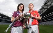 4 May 2010; Captain’s from teams competing in the Bord Gáis Energy NFL Divisions finals gathered in Croke Park ahead of the finals Park in Parnell Park on Saturday. Pictured are Galway's Emer Flaherty and Cork's Rena Buckley, right. Croke Park, Dublin. Photo by Sportsfile