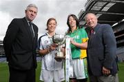 4 May 2010; Captain’s from teams competing in the Bord Gáis Energy NFL Divisions finals gathered in Croke Park ahead of the finals Park in Parnell Park on Saturday. Pictured are Kildare's Aisling Holton and Donegal's Aoife McDonald, right, with Ger Cunningham, Bord Gáis Energy Sport Sponsorship Manager, and Ladies Gaelic Football Association President Pat Quill, right. Croke Park, Dublin. Photo by Sportsfile