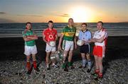 4 May 2010; At the launch of the 2010 GAA Football All-Ireland Senior Championship on Banna Beach are, from left, Trevor Mortimer, Mayo, Michael Shields, Cork, Micheal Quirke, Kerry, Alan Brogan, Dublin, and Stephen O'Neill, Tyrone. Tralee, Co. Kerry. Picture credit: Brendan Moran / SPORTSFILE