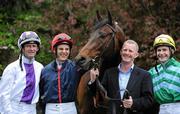 6 May 2010; Retired top flat jockey Michael Kinane with race horse Haralan and jockeys, from left to right, Kevin Manning, Fran Berry and Pat Smullen after he was announced as Horse Racing Ireland's flat ambassador for 2010. John Oxx’s Curraghbeg Yard, Curragh, Co. Kildare. Picture credit: Matt Browne / SPORTSFILE