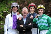 6 May 2010; Retired top flat jockey Michael Kinane with jockeys, from left to right, Kevin Manning, Fran Berry and Pat Smullen after he was announced as Horse Racing Ireland's flat ambassador for 2010. John Oxx’s Curraghbeg Yard, Curragh, Co. Kildare. Picture credit: Matt Browne / SPORTSFILE