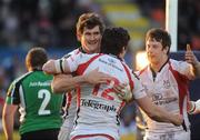 7 May 2010; Ian Whitten, Ulster, is congratulated by Robbie Diack and Willie Faloon after scoring his side's fourth try. Celtic League, Ulster v Connacht, Ravenhill Park, Belfast, Co. Antrim. Picture credit: Oliver McVeigh / SPORTSFILE