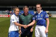 8 May 2010; Referee Pat Kehoe, Carlow, with Cavan captain Pamela Crowe McCabe, right, and Waterford captain Mary Foley. Bord Gais Energy Ladies National Football League Division 3 Final, Cavan v Waterford, Parnell Park, Dublin. Picture credit: Stephen McCarthy / SPORTSFILE