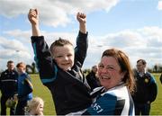 23 April 2016; Miriam Holt, Edenderry, celebrates with 5 year old Fionn Mulligan. Bank of Ireland Leinster Women's Paul Flood Cup Final, Tullamore v Edenderry. Cill Dara RFC, Kildare. Picture credit: Sam Barnes / SPORTSFILE