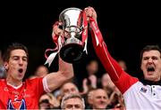 23 April 2016; Pádraig Rath and Louth team captain Adrian Reid, right, lift the cup. Allianz Football League, Division 4, Final, Louth v Antrim. Croke Park, Dublin. Picture credit: Ray McManus / SPORTSFILE
