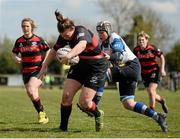 23 April 2016; Emer Phelan, Tullamore, is tackled by Martina Russel, Edenderry. Bank of Ireland Leinster Women's Paul Flood Cup Final, Tullamore v Edenderry. Cill Dara RFC, Kildare. Picture credit: Sam Barnes / SPORTSFILE