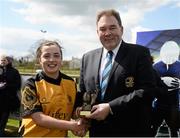 23 April 2016; Grace Rogers, Garda/ Westmanstown, is presented with the player of the match award by Leinster Rugby Branch President Robert McDermott. Bank of Ireland Leinster Women's Paul Cusack Plate Final, Garda/Westmanstown v MU Barnhall. Cill Dara RFC, Kildare. Picture credit: Sam Barnes / SPORTSFILE