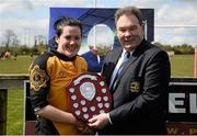 23 April 2016; Leinster Rugby Branch President Robert McDermot presents Ciara McDonnell, Garda/ Westmanstown, with the Paul Cusack Plate. Bank of Ireland Leinster Women's Paul Cusack Plate Final, Garda/Westmanstown v MU Barnhall. Cill Dara RFC, Kildare. Picture credit: Sam Barnes / SPORTSFILE