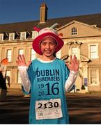 24 April 2016; Mya Donnelly from Glasnevin, Dublin, celebrates her tenth birthday, after completing the Dublin Remembers 1916 5K run. Royal Hospital Kilmainham, Dublin. Picture credit: Tomás Greally / SPORTSFILE