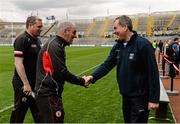 24 April 2016; Tyrone manager Mickey Harte, left, shakes hands with Cavan manager Terry Hyland ahead of the game. Allianz Football League Division 2 Final, Tyrone v Cavan. Croke Park, Dublin.  Picture credit: Ramsey Cardy / SPORTSFILE