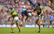 24 April 2016; James Small, Dublin, is tackled by Peter Crowley, left, and Bryan Sheehan, Kerry. Allianz Football League Division 1 Final, Dublin v Kerry. Croke Park, Dublin.  Picture credit: Ramsey Cardy / SPORTSFILE