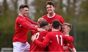 24 April 2016; Chris Hull, hidden, Cork Youth Leagues, celebrates with his teammates after scoring his side's fourth goal. FAI Umbro Youth Inter League Cup Final, Cork Youth Leagues v Limerick & District League. O'Shea Park, Blarney, Co.Cork.  Picture credit: David Maher / SPORTSFILE