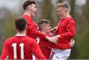 24 April 2016; Chris Hull, second from right, Cork Youth Leagues, celebrates with his teammates, from left, Ciaran Kearney, no.11, Dean Swords and Scott McCarthy after scoring his side's fourth goal. FAI Umbro Youth Inter League Cup Final, Cork Youth Leagues v Limerick & District League. O'Shea Park, Blarney, Co.Cork.  Picture credit: David Maher / SPORTSFILE
