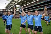 24 April 2016; Dublin players, from left, Denis Bastick, Cormac Costello, Diarmuid Connolly and Paul Flynn following their side's victory. Allianz Football League Division 1 Final, Dublin v Kerry. Croke Park, Dublin.  Picture credit: Ramsey Cardy / SPORTSFILE