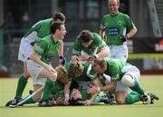 9 May 2010; Richard Shaw, Glenanne, is congratulated by his team-mates after scoring his side's third goal. Irish Senior Men's Cup Final, Monkstown v Glenanne, National Hockey Stadium, UCD, Belfield, Dublin. Picture credit: Brian Lawless / SPORTSFILE