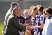 8 May 2010; Pat Quill, President, Cumann Peil Gael na mBan, is introduced to the Galway team by captain Emer Flaherty. Bord Gais Energy Ladies National Football League Division 1 Final, Cork v Galway, Parnell Park, Dublin. Picture credit: Stephen McCarthy / SPORTSFILE
